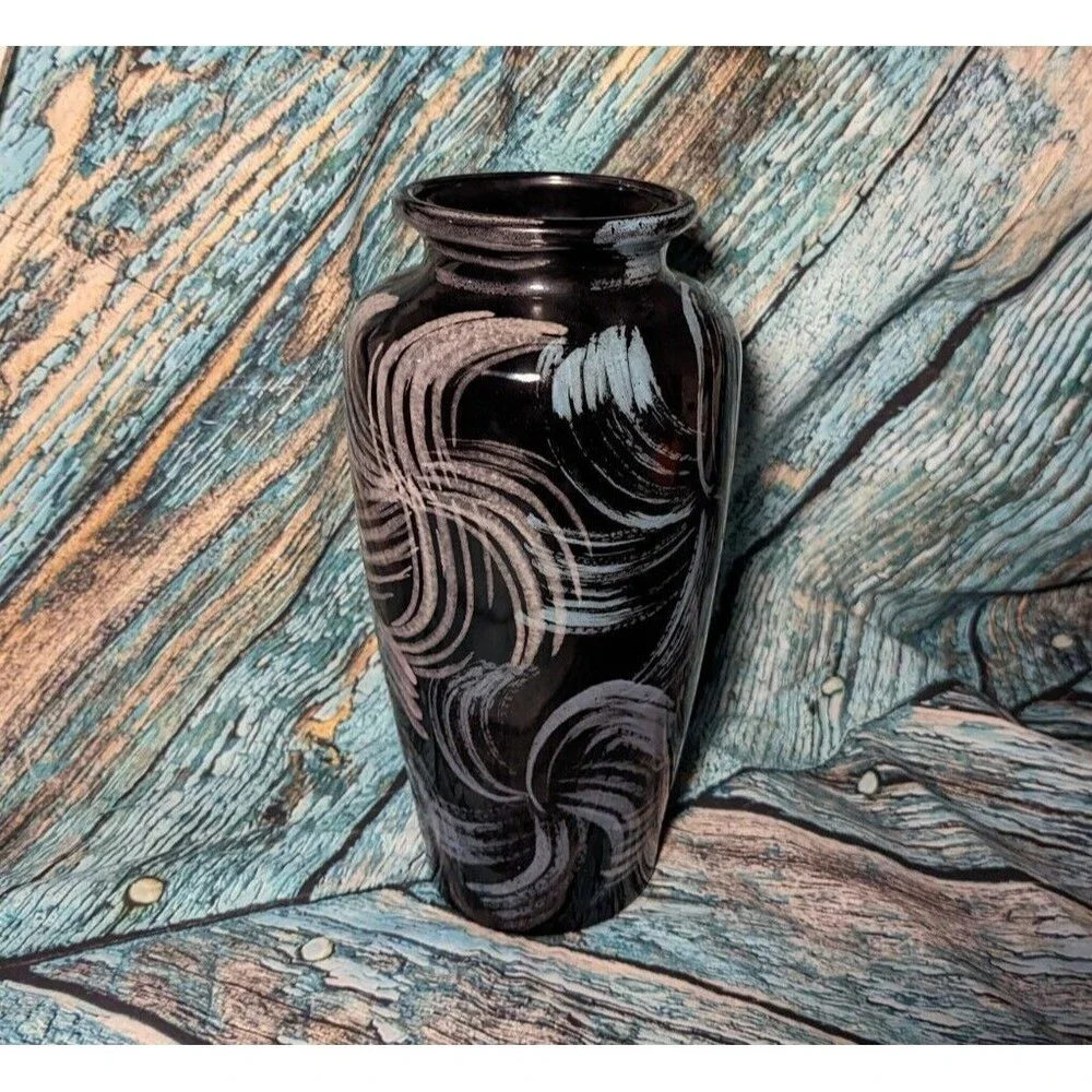 Mid Century Modern‎ Vase Black Vases Purple Pink Blue Abstract Design 12.5